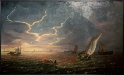 Sailing Ships in Rough Sea at Sunset