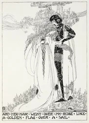 And her hair went over my robe like a golden flag over a sail - a young couple embracing