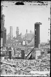 View from Southwest Corner of Dearborn and Monroe Streets, Showing the Grand Pacific Hotel in the Background and the Ruins of the Honore Block in the Foreground After the Chicago Fire of 1871, c.1871