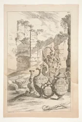 A Candlestick and Handled Ornamental Ewers in a Landscape with Ruins, from Sculpturae Veteris Admirata