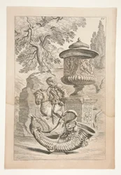 A Relief of Warriors, A Covered Vase Decorated with a Bacchic Relief, and a Cornucopia in a Landscape