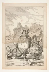 Four Vases, A Broken Vase, A Broken Candlestick, and A Herm in a Landscape with Classical Ruins