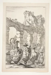 Three Pitchers, A Covered Vase, and a Candlestick in a Landscape with Ruins