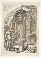 Woman in Antique Dress with Urns, Stands, and Ruins