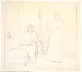 Interior with Clock and Sitting and Standing Woman