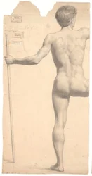 Standing Male Model, Seen from the Back, Staff in Left Hand, Right Arm and Leg Cut Off