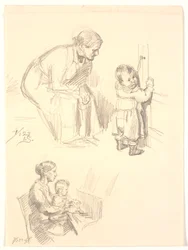 Two Figure Studies. Above a Seated Woman Observing a Child at a Door; Below a Woman with a Child at the Piano