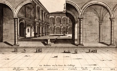 The Inner Courtyard of the Archiginnasio Palace, Bologna, Emilia-Romagna, Italy, Copper Engraving