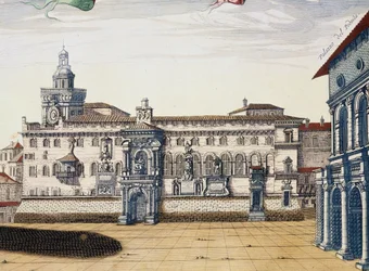 View of old square in Bologna, engraving by Giacomo Lauro and Joan Blaeu from Theatrum civitatum et admirandorum Italiae, published in Amsterdam in 1663