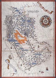 Map of the Arabian Peninsula, with wind rose and details of ports and sea coasts, in Atlas de Joan Martines