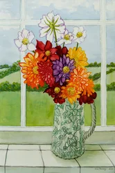 Dahlias on the Cottage Window Sill