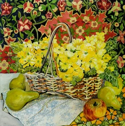 Yellow Primroses in a Basket with Fruit and Textiles