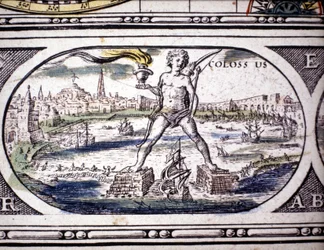 Representation of the Seven Wonders of Antiquity: the Colossus of Rhodes. Atlas of Jansson Jannsonius, 1630