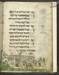 MS Add. 14762, f.15r Exodus and Crossing of the Red Sea, from the 