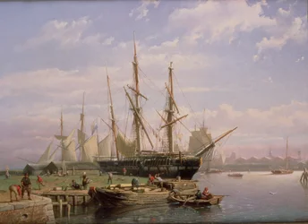 Dutch Sailing Ships at Anchor in a River Estuary