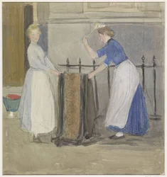 Two Maids Beating a Mat in Front of a Townhouse