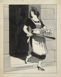 Design for Illustration in De Amsterdammer: The Dutch Maiden as a Maid with a Tray of Glasses Stumbles over the Step Elections (May 17, 1924)