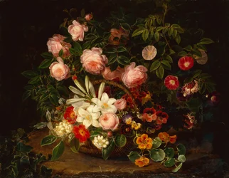 A Basket of Roses, Lilies and Pansies by a Rose Bush