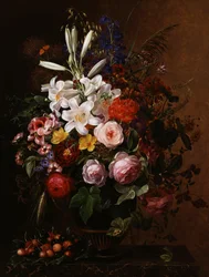 Lilies, Pelargoniums and Roses in a Greek Vase. Painting by Johan Laurentz Jensen (1800-1856) Private Collection