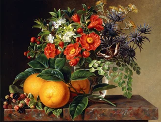 Oranges, Blackberries and a Vase of Flowers on a Ledge