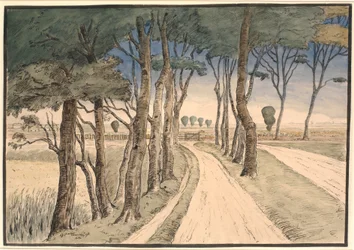 Landscape. In the Foreground a Road with Trees
