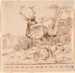 A stag, a hind, and their fawn