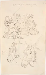 A Little Girl in the Midst of a Group of Fighting Boys, Below Two Horse Heads