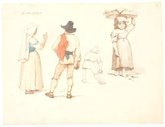 Four Figure Studies. Standing Woman and Standing Bocce Player, a Bocce Player About to Throw and Little Girl with a Basket on Her Head