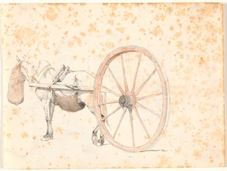 Detailed Study of a Cart Horse with Nosebag, Only the Shaft and a Very Large Wheel of the Cart are Visible