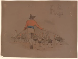 Italian driving a flock of turkeys with bamboo sticks