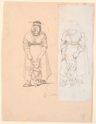 Italian Woman Leading a Small Child in a Harness