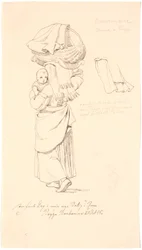 Italian Woman with Her Child on Her Arm and Its Cradle on Her Head. Right: Study of Her Headdress