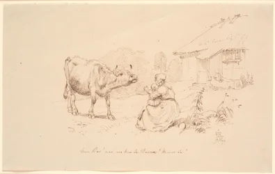 Come Cow! Outside a homestead sits a woman with a child reaching towards a cow