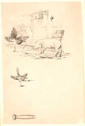 The Stork and the Pig. Below, Study of the Magpie and a Piece of Tool. Illustration for Kaalund