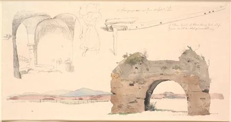 Study Sheet from the Roman Campagna, Italy. Below, Watercolor Study of a Roman Aqueduct Arch with a View of Low Mountains. Above, Study of an Open Space with Flat Vaults, in the Middle an Italian Woman Carrying a Large Bundle on Her Head, to the Right a Pl