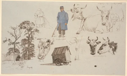 Study Sheet from the Milking Place at Vognserup. Studies of Cows. Left: Farmhouse Behind Three Tall Trees, Center: Seated Milkmaid with Her Back Turned and a Standing Herdsman. Right: A Herdsman