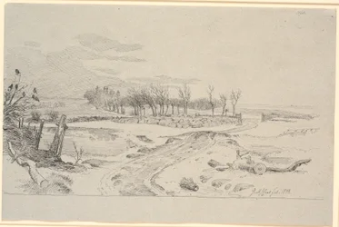 Winter Landscape with a Road Winding Across Fields Through a Stone Fence