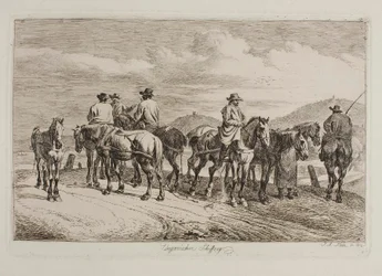 Hungarian horses and riders ready to pull a boat upstream