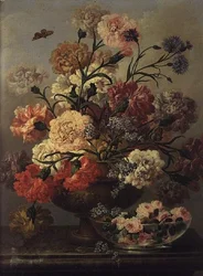 Carnations and Forget-Me-Nots with Roses in a Glass Bowl