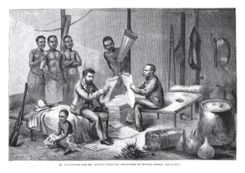 Dr. David Livingstone (1813-73) and Mr. Henry Morton Stanley (1841-1904) Receiving Newspapers in Central Africa, engraved by Pearson