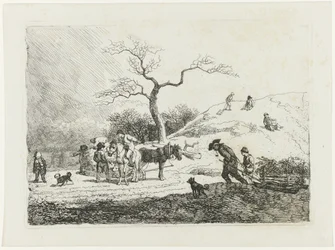 Winter Landscape with Children Sledding and Various Sleds