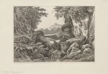 Rocky Landscape with a Walking Shepherd on the Left