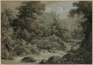 Mountain and forest landscape, with a stream in the foreground