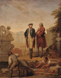 King Frederick II of Prussia (1712-86) and the Marquis of Argens (1704-1771) inspecting the construction of Sanssouci in Potsdam