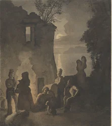 Resting Savoyards by a Fire on the Shore of a Lake at Evening