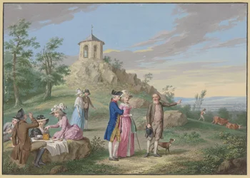 A Company of Ladies and Gentlemen Resting Outdoors at the Foot of a Hill with a Small Temple, a Guide Showing the Landscape to a Young Couple