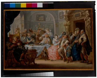 Interior with Elegant Figures in Masquerade Costume Feasting