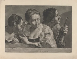 Two Women Listening to a Bird, with a Man Holding a Gun