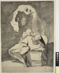 A Man in Despair Over a Tombstone in a Cave with Other Figures