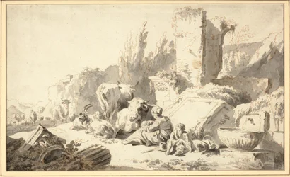 A drover with his family and cattle beside classical ruins